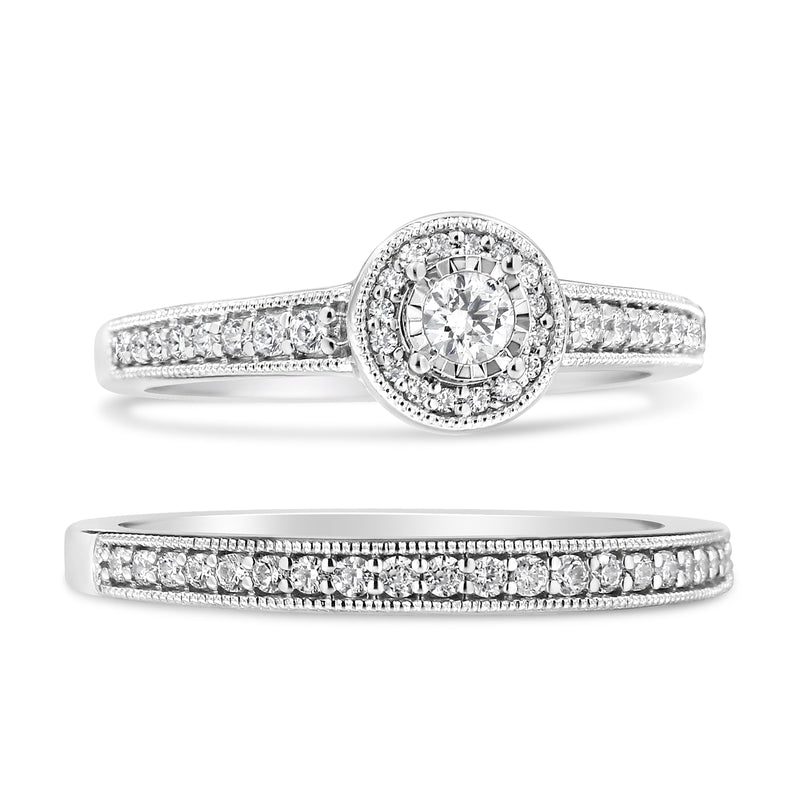 Bids.com .925 Sterling Silver 1/2 Ctw Diamond Halo and Milgrain Engagement Ring Bridal Set (I-J Color, I3 Clarity) - Ring Size 7 Rings