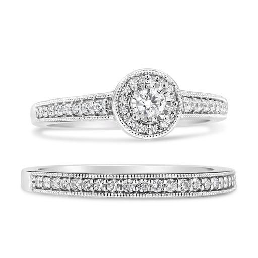 Bids.com .925 Sterling Silver 1/2 Ctw Diamond Halo and Milgrain Engagement Ring Bridal Set (I-J Color, I3 Clarity) - Ring Size 7 Rings