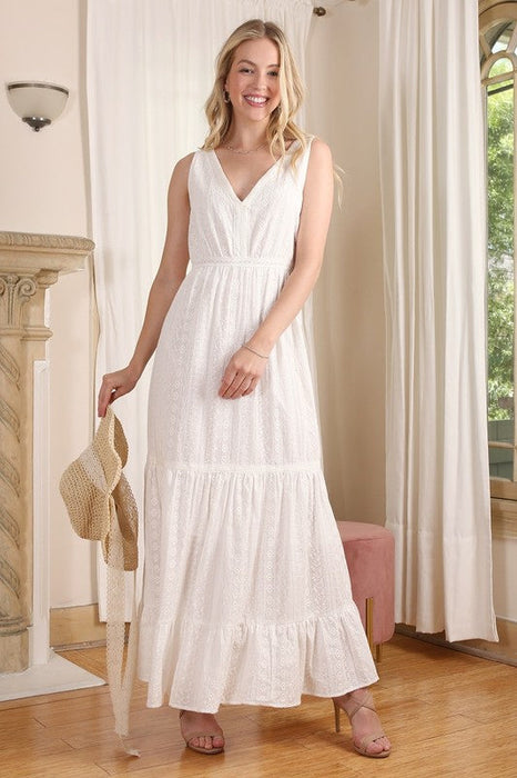 Lilou Embroidered White V Neckline Tiered Dress