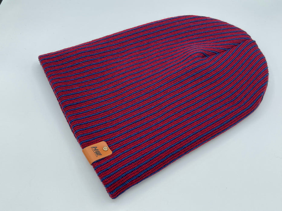 HAAKWEAR Cuffed Wide Ribbed Striped Beanie, Limited Edition, Blue/Maroon, Made in USA