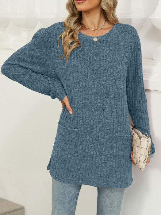 Pocketed Round Neck Long Sleeve T-Shirt