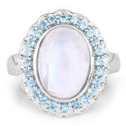 Bids.com 7.21 Carat Genuine White Rainbow Moonstone & Swiss Blue Topaz .925 Sterling Silver Ring Rings