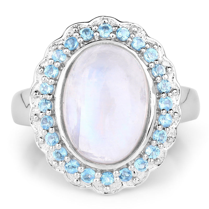Bids.com 7.21 Carat Genuine White Rainbow Moonstone & Swiss Blue Topaz .925 Sterling Silver Ring Rings