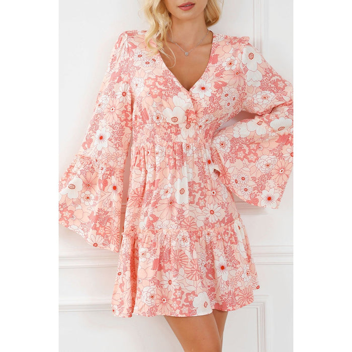 Smocked Printed Flare Sleeve Mini Dress