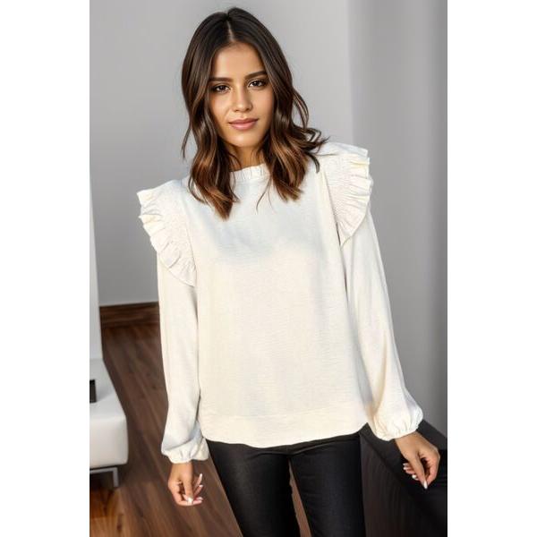 Ruffled Mock Neck Balloon Sleeve Blouse