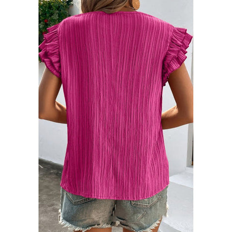 Ruffled Tie Neck Cap Sleeve Blouse