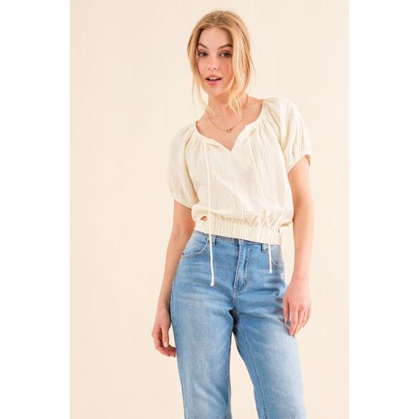 And The Why Cotton Gauze Back Waist Tie Cropped Blouse