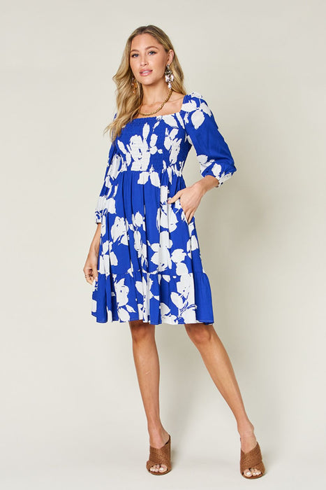 Floral Ruffle Hem Smocked Dress in Royal Blue