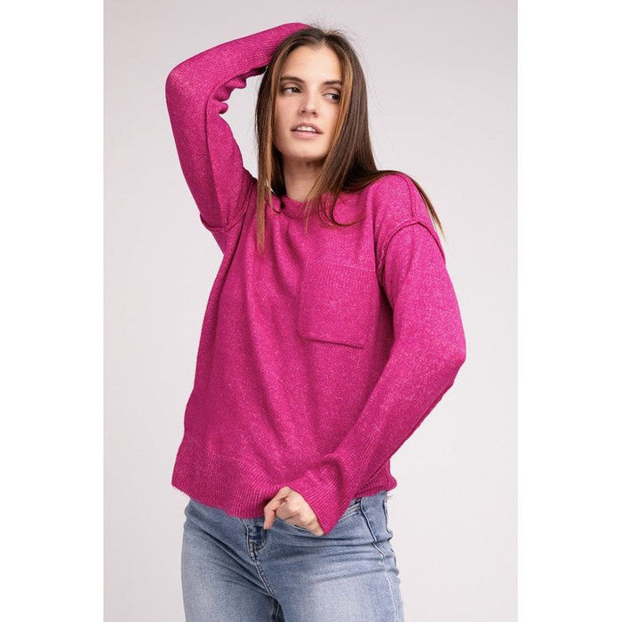 Melange Hi-Low Hem Round Neck Sweater