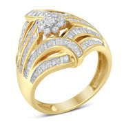 Bids.com 10K Yellow Gold Flashed .925 Sterling Silver 1-1/8 Cttw Round & Baguette Diamond 'Flower & Fern' Cluster Cocktail Fashion Ring (I-J Color, I2-I3 Clarity) - Size 6 Rings