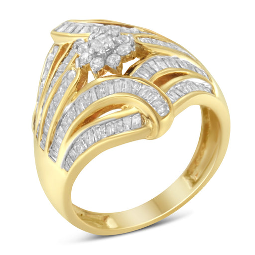 Bids.com 10K Yellow Gold Flashed .925 Sterling Silver 1-1/8 Cttw Round & Baguette Diamond 'Flower & Fern' Cluster Cocktail Fashion Ring (I-J Color, I2-I3 Clarity) - Size 6 Rings