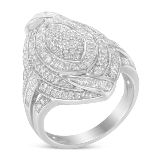 Bids.com .925 Sterling Silver & 1-1/8 Cttw Diamond Marquise Shaped Cluster Triple Halo Knot Cocktail Fashion Ring (I-J Color, I2-I3 Clarity) - Size 6 Rings