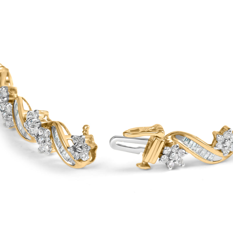Bids.com 10k Yellow Gold 3.00 Cttw Round-Cut and Baguette-Cut Floral Link 7.25" Bracelet (I-J Color, I1-I2 Clarity) Bracelets