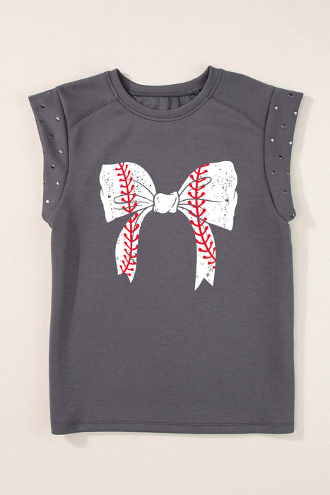 Studded Bow Graphic Round Neck Cap Sleeve T-Shirt