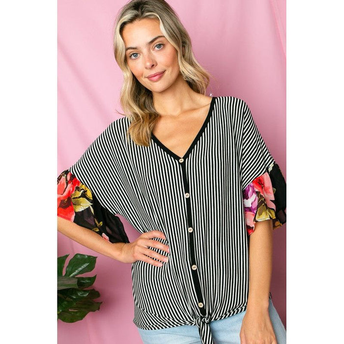 STRIPE FLORAL MIXED RUFFLE TOP