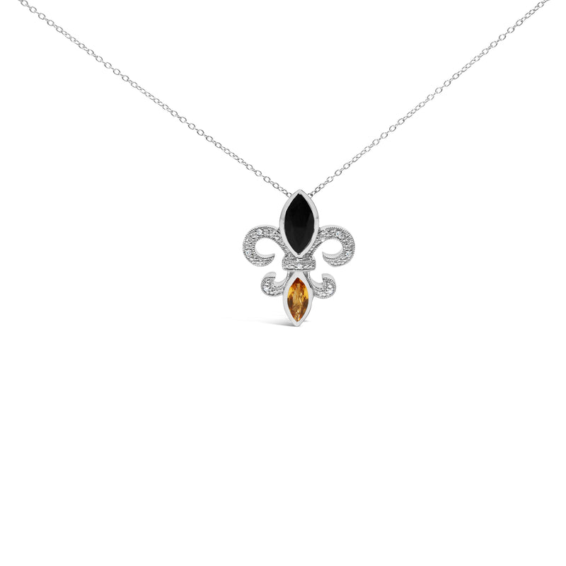 Bids.com .925 Sterling Silver Marquise Onyx and Citrine and Diamond Accent Fleur De Lis Pendant Necklace (H-I Color, SI1-SI2 Clarity) - 18" Necklaces