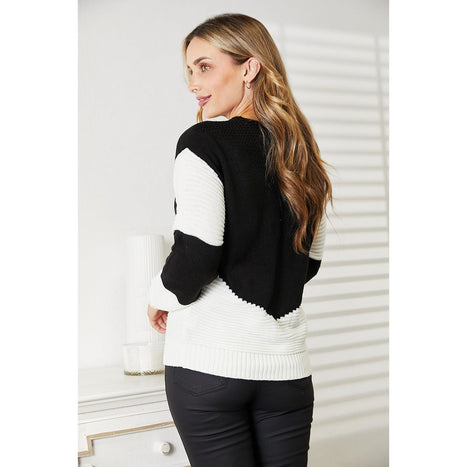 Double Take Two-Tone Openwork Rib-Knit Sweater