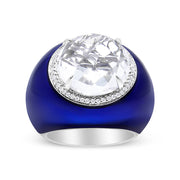 Bids.com 18K White Gold 14mm White Quartz and 1/5 Cttw Diamond Halo with Blue Enamel Dome Ring (F-G Color, VS1-VS2 Clarity) - Ring Size 7 Rings