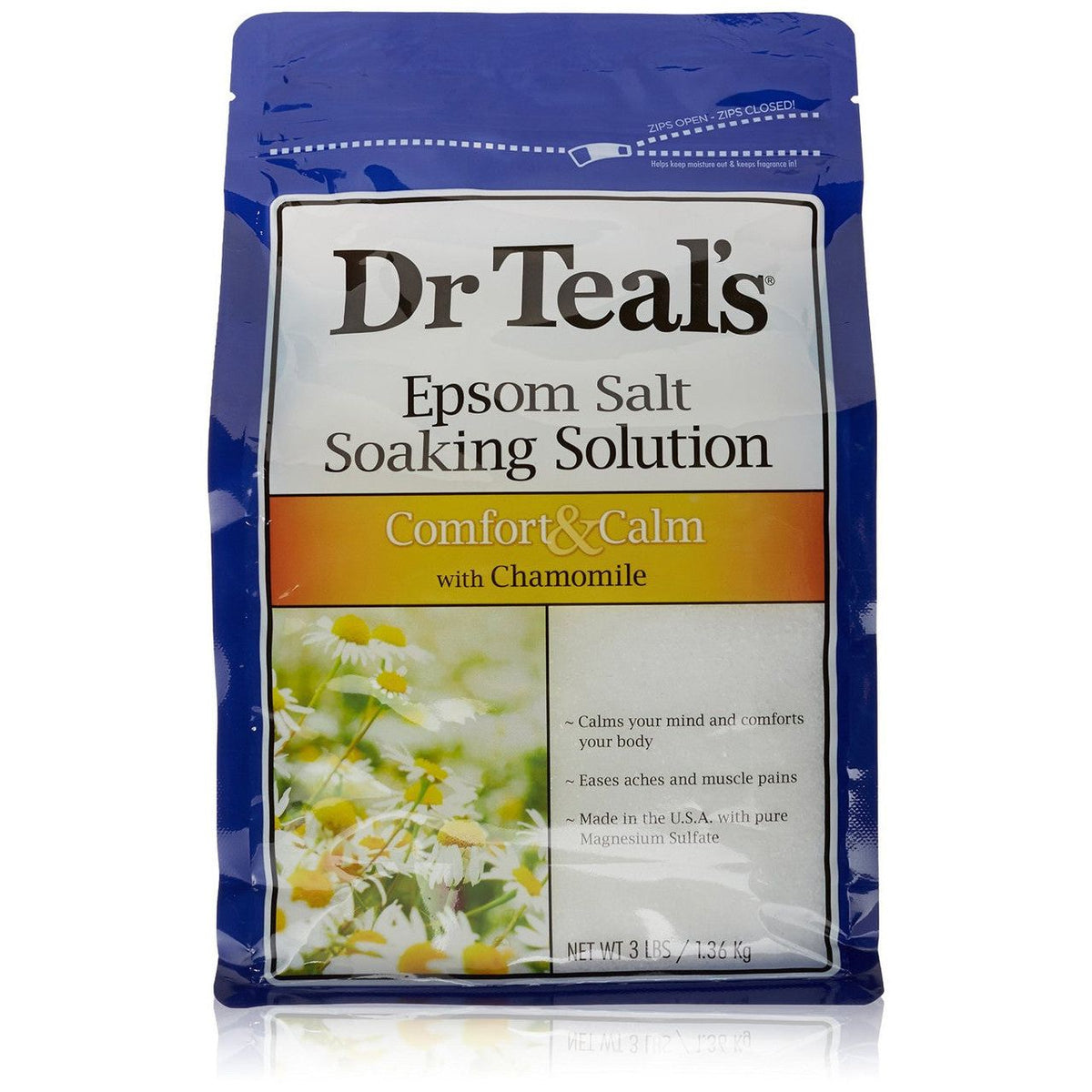 Dr Teal’s Comfort & Calm Pure Epsom Salt with Chamomile 3 lb (1.36 kg) product package
