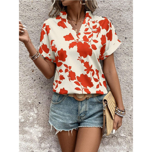 Flower Notched Short Sleeve Blouse