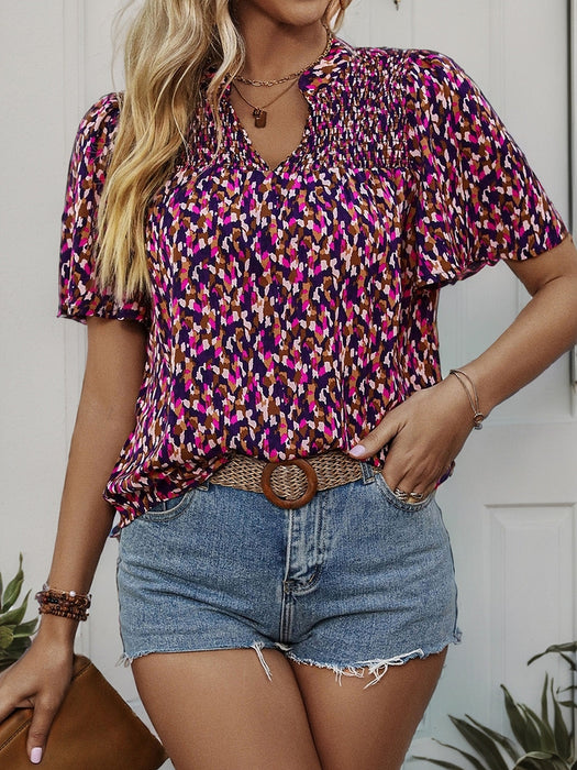 Printed Notched Flutter Sleeve Blouse in Red-Violet