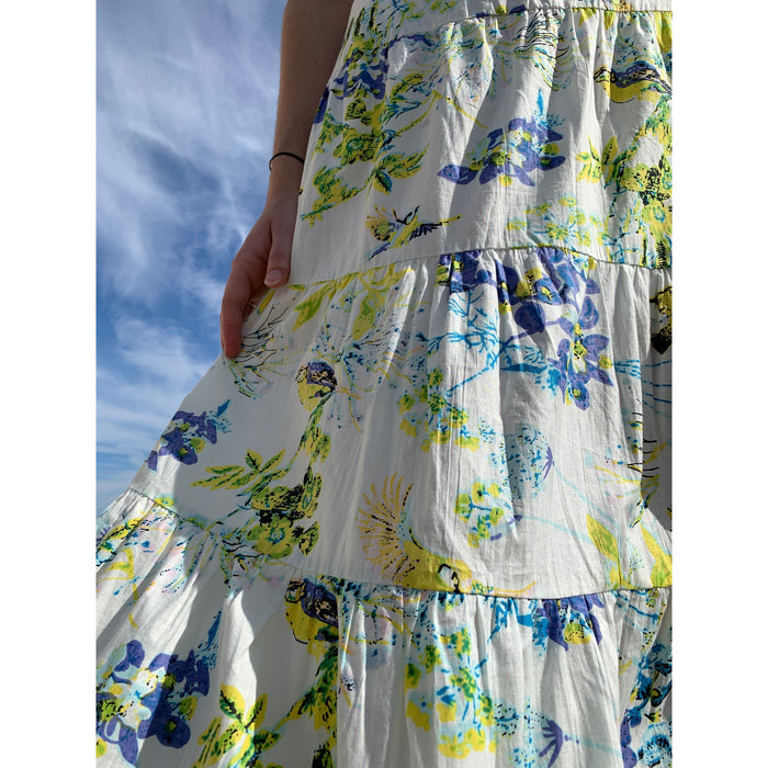 Cotton Tiered Long Skirt | Bird Garden Yellow Blue