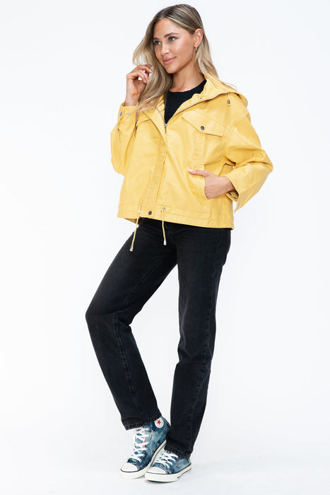 Drawstring Hem PU Leather Zip Up Jacket