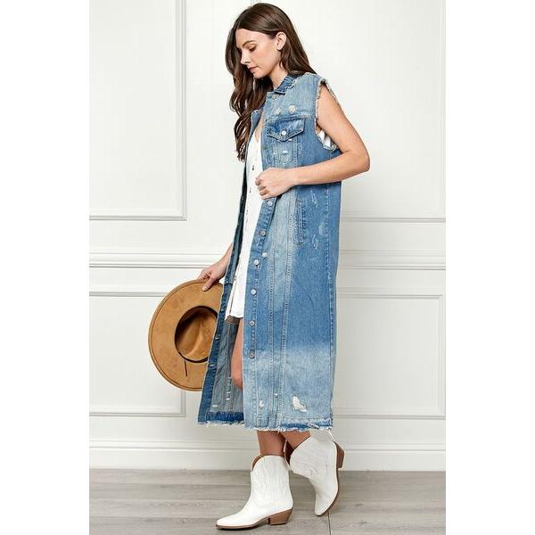 Distressed Sleeveless Longline Denim Jacket in Medium Blue Wash