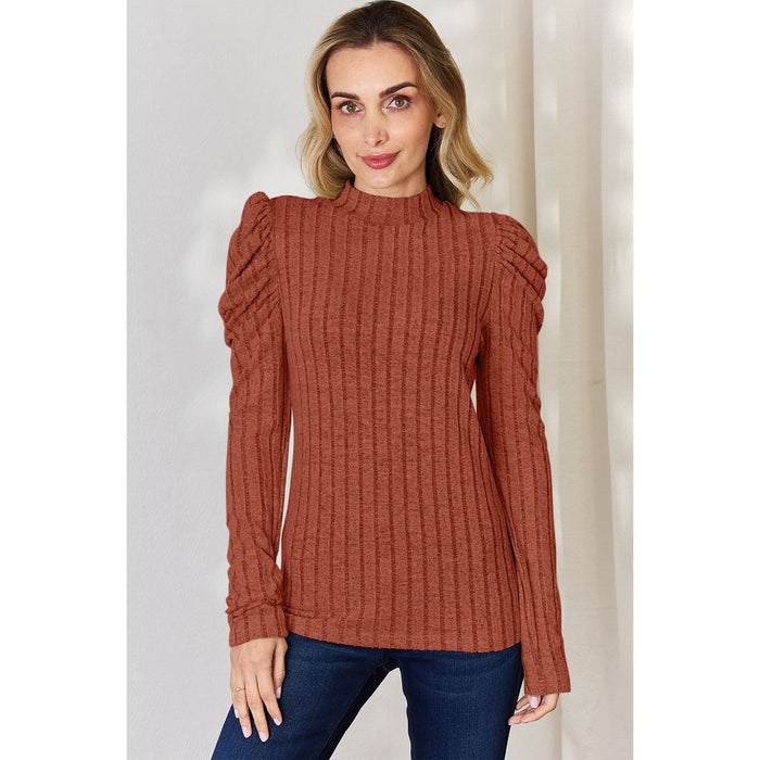 Basic Bae Ribbed Mock Neck Puff Sleeve T-Shirt