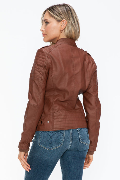 PU Leather Biker Jacket with Side Zip Pockets