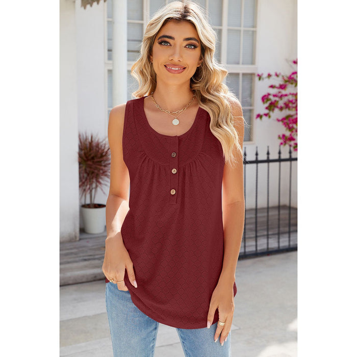 Eyelet Buttoned Round Neck Tank