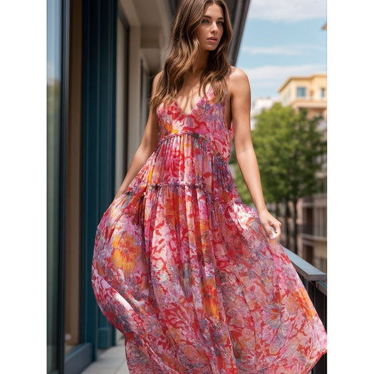 Tiered Printed V-Neck Sleeveless Dress