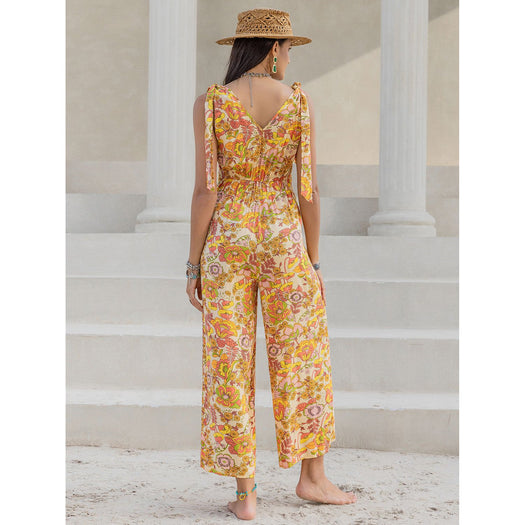 Printed V-Neck Tie Shoulder Jumpsuit