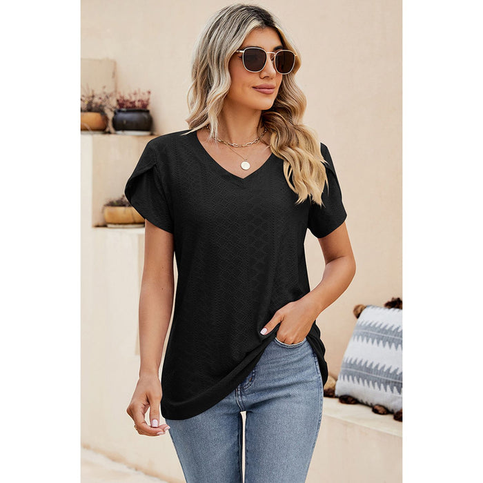 Eyelet V-Neck Petal Sleeve T-Shirt