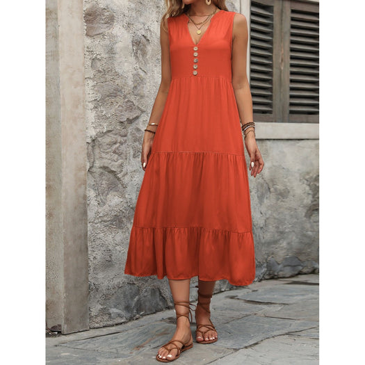 Decorative Button Notched Sleeveless Dress