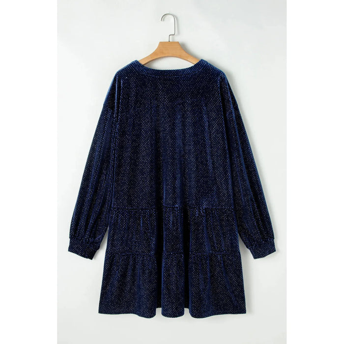 Textured Velvet Decorative Button Long Sleeve Dress