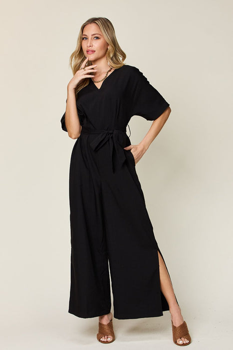 Double Take V-Neck Tie Front Short Sleeve Slit Jumpsuit