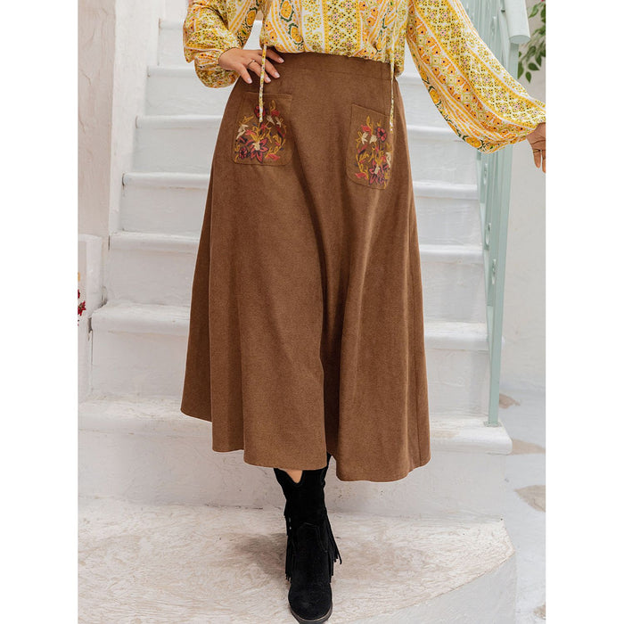 Embroidered Pocketed High Waist Skirt