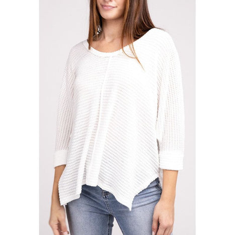 3/4 Sleeve V-Neck Hi-Low Hem Jacquard Sweater