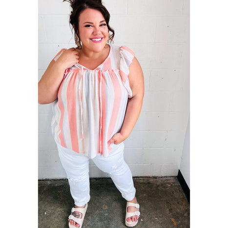 Coral & Light Blue Stripe Waffle Tie Neck Top