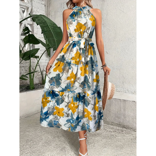 Tiered Printed Mock Neck Sleeveless Dress