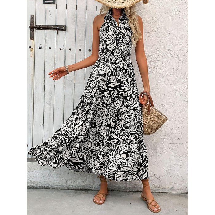 Backless Smocked Printed Sleeveless Midi Dress