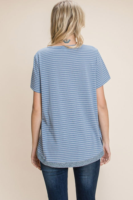 Striped Notched Short Sleeve T-Shirt