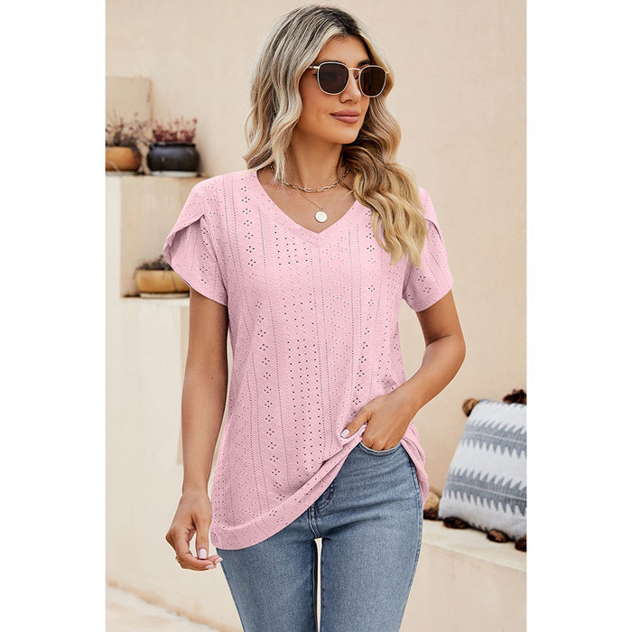 Eyelet V-Neck Petal Sleeve T-Shirt