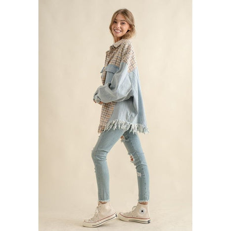 TWEED MIXED DENIM JACKET SHACKET WITH FRINGED HEM