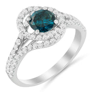 Bids.com 14K White Gold 1-1/3 Cttw White & Blue Diamond Interweaving Double Halo Cocktail Statement Ring (G-H and Fancy Blue Color, SI2-I1 Clarity) - Size 6 Rings