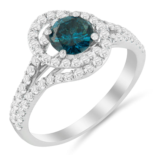Bids.com 14K White Gold 1-1/3 Cttw White & Blue Diamond Interweaving Double Halo Cocktail Statement Ring (G-H and Fancy Blue Color, SI2-I1 Clarity) - Size 6 Rings