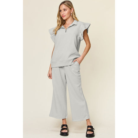 Texture Ruffle Short Sleeve Top and Drawstring Wide Leg Pants Set