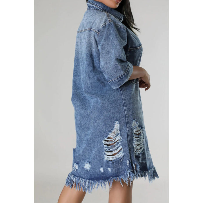 Distressed Raw Hem Button Up Denim Dress