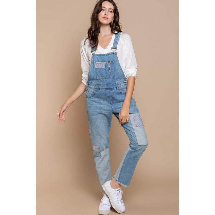 POL Front Chest Zipper Slim Leg Denim Overalls